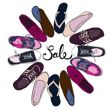 Set el grafik erkek ve kadın ayakkabı, Ayakkabı çekilmiş. Vektör çizim rahat ve spor stil, lastikbotlar. spor ayakkabı, bot, pompalar. yalıtılmış nesne kopya alanı.