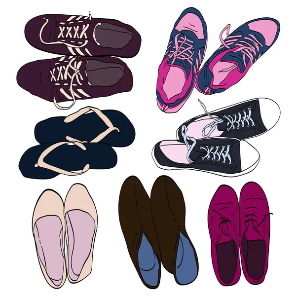 Set Gráfico Dibujado Mano Hombres Mujeres Calzado Zapatos Ilustración Vectorial — Vector de stock