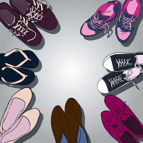 Állítsa Kézzel Rajzolt Grafikus Férfi Női Cipő Cipő Alkalmi Vektoros — Stock Vector