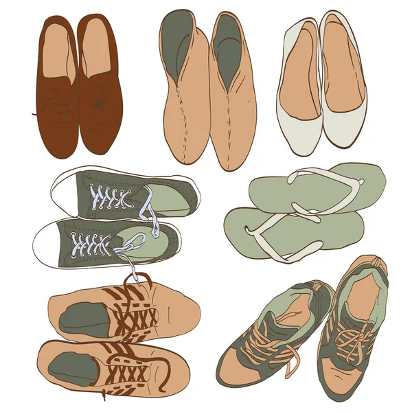 Set Gráfico Dibujado Mano Hombres Mujeres Calzado Zapatos Ilustración Vectorial — Vector de stock