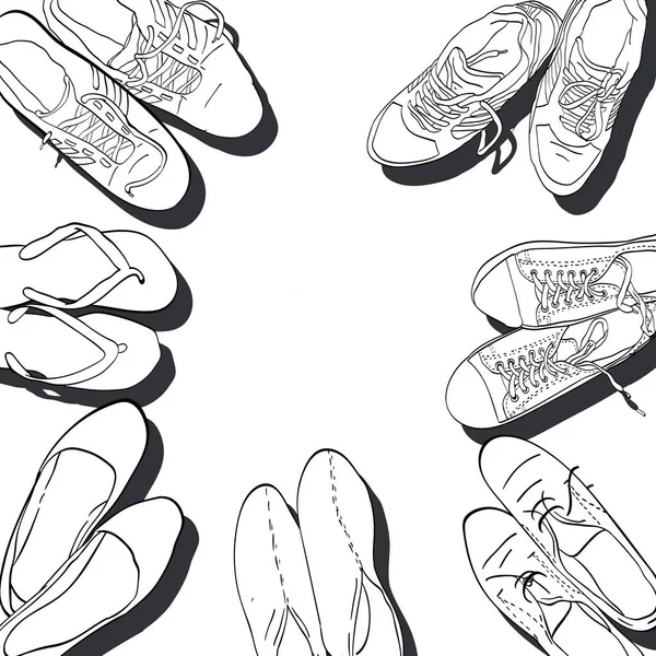 Set Gráfico Dibujado Mano Hombres Mujeres Calzado Zapatos Ilustración Vectorial — Vector de stock