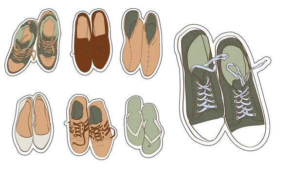 Set Mão Desenhado Gráfico Homens Mulheres Calçado Sapatos Ilustração Vetorial —  Vetores de Stock