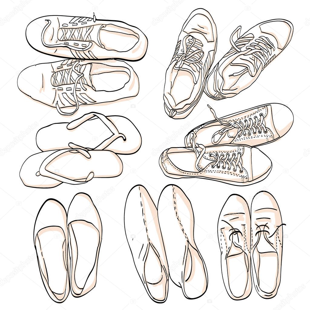 Set hand drawn graphic Men and women Footwear, shoes. Vector illustration of Casual and sport style, gumshoes. sneakers, boots, pumps. isolated object copy space.
