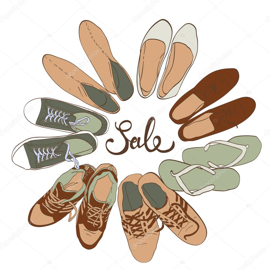 Set hand drawn graphic Men and women Footwear, shoes. Vector illustration of Casual and sport style, gumshoes.  sneakers, boots, pumps. isolated object copy space.