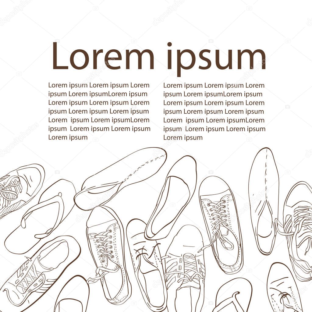 Set hand drawn graphic Men and women Footwear, shoes. Vector illustration of Casual and sport style, gumshoes.  sneakers, boots, pumps. isolated object copy space.