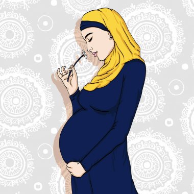 illüstrasyon Arap Müslüman hamile kadında hijab annelik için hazırlanmış. Bekleyen bir bebek doğum için