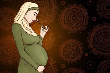 illüstrasyon Arap Müslüman hamile kadında hijab annelik için hazırlanmış. Bekleyen bir bebek doğum için