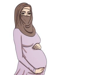 illüstrasyon Arap Müslüman hamile kadında hijab annelik için hazırlanmış. Bekleyen bir bebek doğum için
