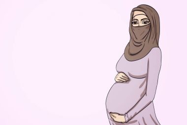 illüstrasyon Arap Müslüman hamile kadında hijab annelik için hazırlanmış. Bekleyen bir bebek doğum için