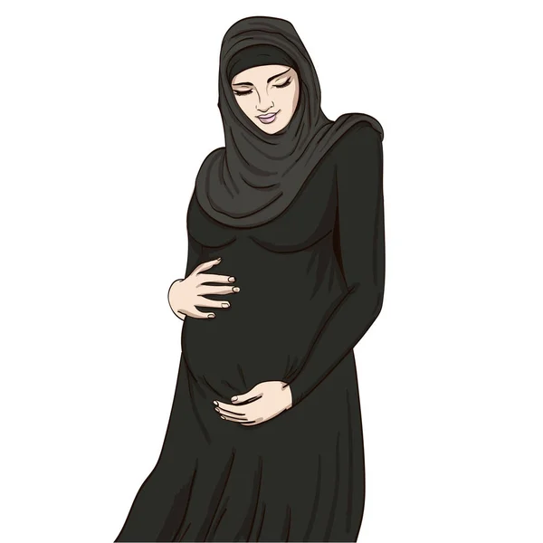 插图阿拉伯穆斯林怀孕妇女在头巾准备为产妇 等待婴儿出生 — 图库照片