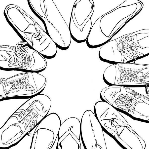 设置手绘图形男女鞋 说明休闲和体育风格 Gumshoes 运动鞋靴子水泵孤立对象复制空间 — 图库照片
