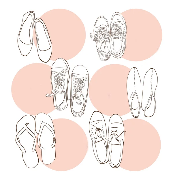 Встановіть Вручну Намальовані Графічні Чоловіки Жінки Взуття Взуття Ілюстрація Стилю — стокове фото