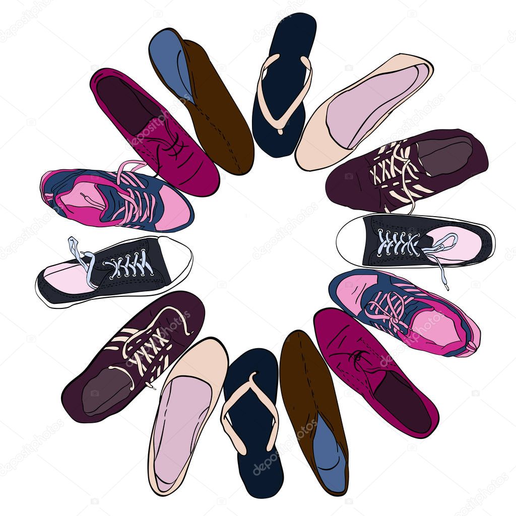 Set hand drawn graphic Men and women Footwear, shoes. illustration of Casual and sport style, gumshoes.  sneakers, boots, pumps. isolated object copy space.