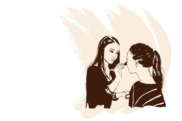 Woman visagist makeup artist paints on the face of his client. Illustration