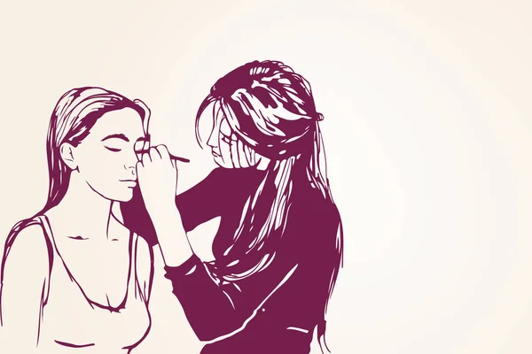 Woman visagist makeup artist paints on the face of his client. Illustration