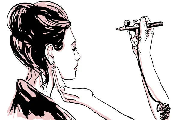 Женщина Визажист Визажист Рисует Лице Своего Клиента Аэрографом Иллюстрация — стоковое фото