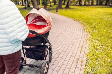 Bir bebek arabası elini kolunu sallaya parkta dönüyor