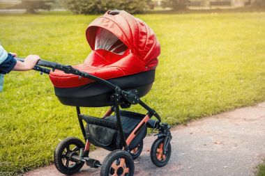 Bir bebek arabası elini kolunu sallaya parkta dönüyor