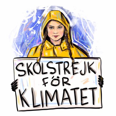 Kaliningrad, Rusya, 15 Ocak 2020: Greta Thunberg taslak portresi, illüstrasyon. Genç çevreci eylemci. İsveççe yazı: İklim okulu grevi