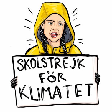 Kaliningrad, Rusya, 15 Ocak 2020: Greta Thunberg taslak portresi, illüstrasyon. Genç çevreci eylemci. İsveççe yazı: İklim okulu grevi