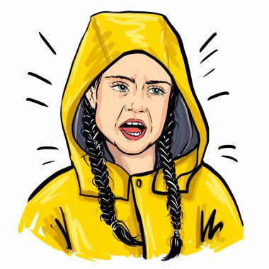 Kaliningrad, Rusya, 15 Ocak 2020: Greta Thunberg taslak portresi, illüstrasyon. Genç çevreci eylemci. İsveççe yazı: İklim okulu grevi