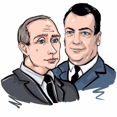 Kalininingrad, Rusya, 27 Ocak 2020. Rusya Federasyonu Başkanı Vladimir Putin ve Rusya Başbakanı Dmitry Medvedev. resim çizimi portresi 