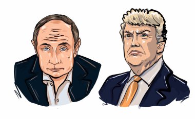 Kaliningrad, Rusya, Şubat 01 2020. Donald Trump ve Vladimir Putin. Portre Çizimi Çizimi. Rusya Federasyonu lideri ve ABD başkanı .