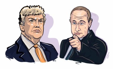 Kaliningrad, Rusya, Şubat 01 2020. Donald Trump ve Vladimir Putin. Portre Çizimi Çizimi. Rusya Federasyonu lideri ve ABD başkanı .