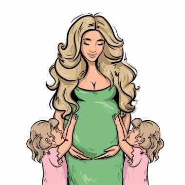 Güzel hamile kadın ve sevimli küçük ikiz kızları