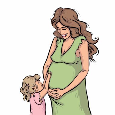 Güzel bir hamile kadın ve sevimli küçük bir kızı.