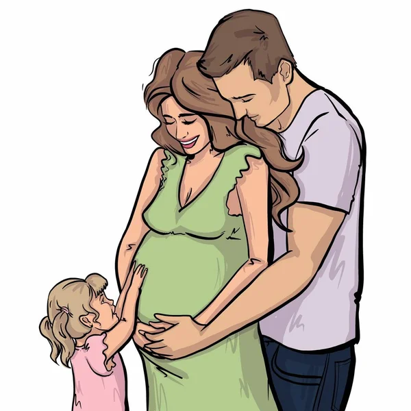 Beautiful family : pregnant mother, father and cute little daughter.