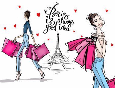 İki şık kız Paris 'te alışveriş yapıyor. Çizim çizimi