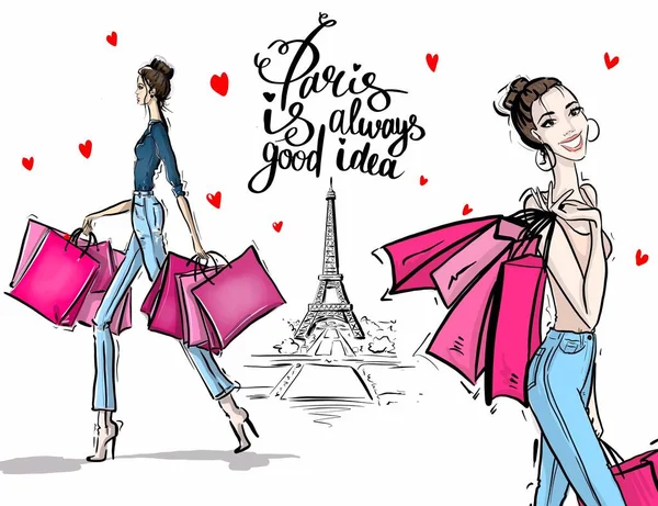Две Стильные Девушки Делают Покупки Париже Иллюстрационный Скетш — стоковое фото