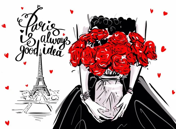 Kezében Csokor Virág Rózsa Párizsban — Stock Fotó