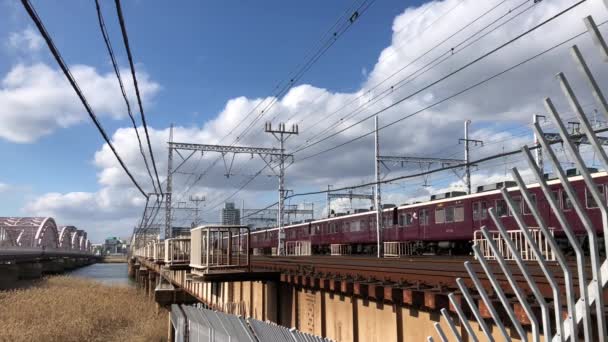 Express Trains Crossing Bridge Osaka City Japan — Stock Video