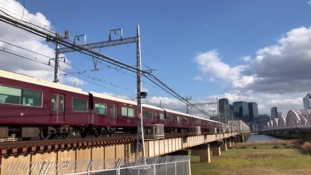 Express Trains Crossing Bridge Osaka City Japan — Stock Video