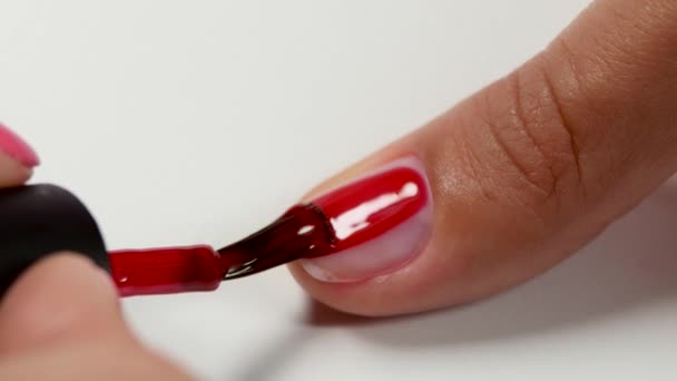 Maître couvre l'ongle du client par un vernis rouge. Gros plan — Video