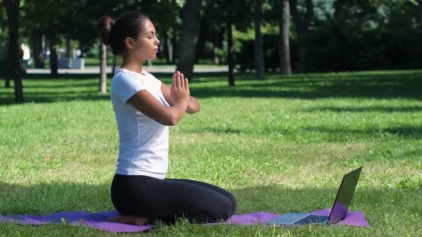 Jonge vrouw yoga in het park bezig met een laptop. Lotus pose — Stockvideo