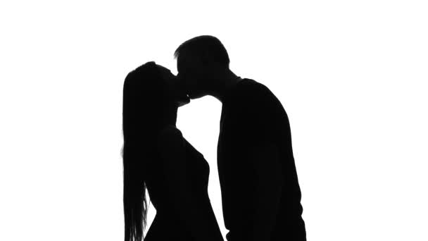 Due amanti che si abbracciano e si baciano. Con amore. Silhouette. Bianco — Video Stock