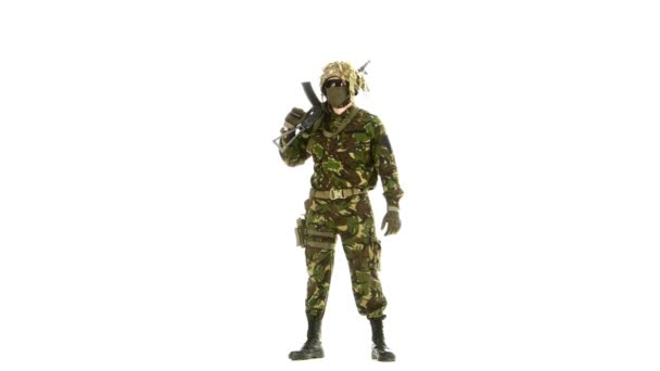 L'homme en camouflage regarde autour de lui. Arrière-plan blanc 