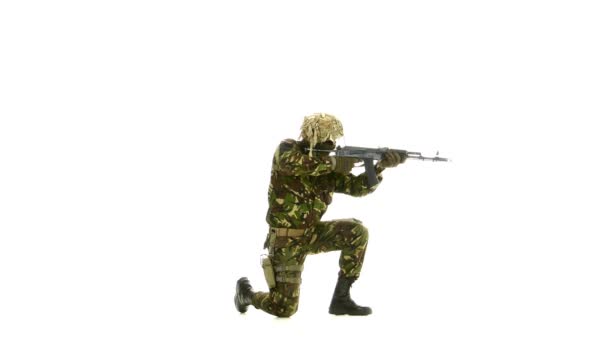 Der bewaffnete Mann steht auf einem Knie. weißer Untergrund — Stockvideo
