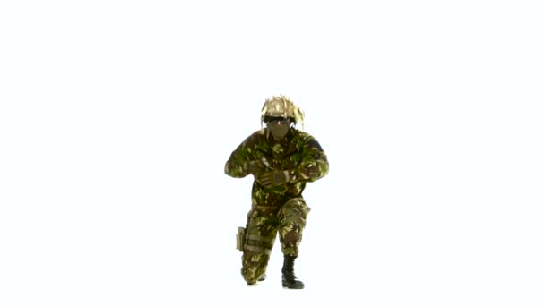 Un soldat armé se tient sur un genou et tend les bras devant lui. Arrière-plan blanc 