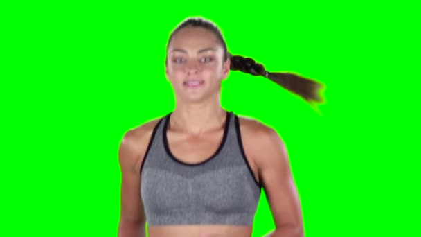 Sportwoman. Lopende meisje. Voorkant. Groen scherm. Slow motion — Stockvideo