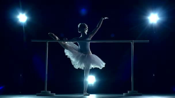 Ballerina is het dragen in witte jurk en pointe-schoenen. Slow motion — Stockvideo