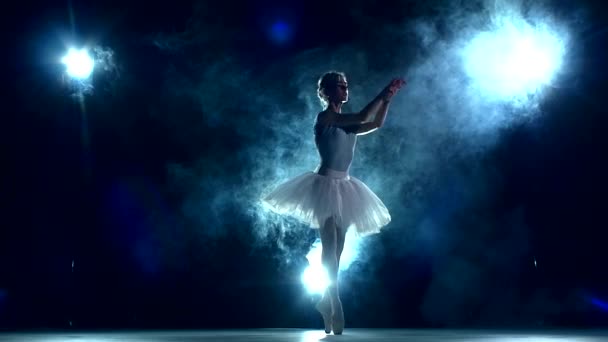 Ballerina im Klassenzimmer auf blau. Zeitlupe — Stockvideo
