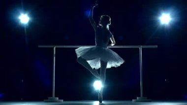 Güzel bale dansçısı mavi üzerinde balerin tutu giyiyor. ağır çekim