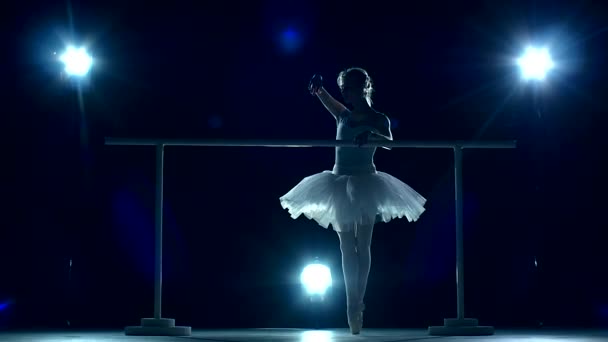 Baletka, stojící poblíž dřevěné stěny na pointe, pomalý pohyb — Stock video