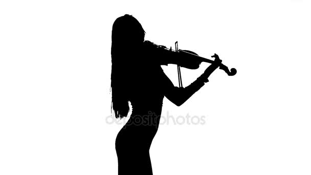 Lány játszik a viola. Oldalnézet. Sziluettjét a fehér háttér előtt. Lassú mozgás — Stock videók