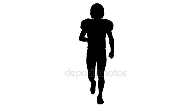 Sportlicher Mann läuft in Schutzkleidung und Stiefeln. Vorderseite, Silhouette, weißer Hintergrund — Stockvideo