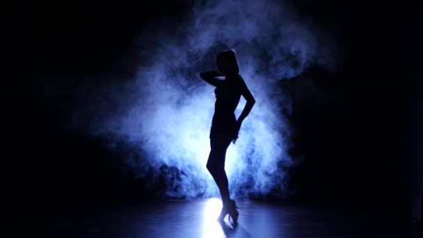 Chica elegante bailando en el estudio, silueta. Fondo oscuro, luz de fondo azul — Vídeos de Stock